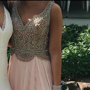 Blush pink prom dress with gold and silver gems